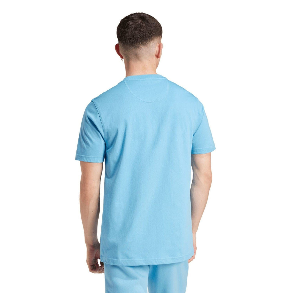 Blue T-shirt back view with crew neck and short sleeves
