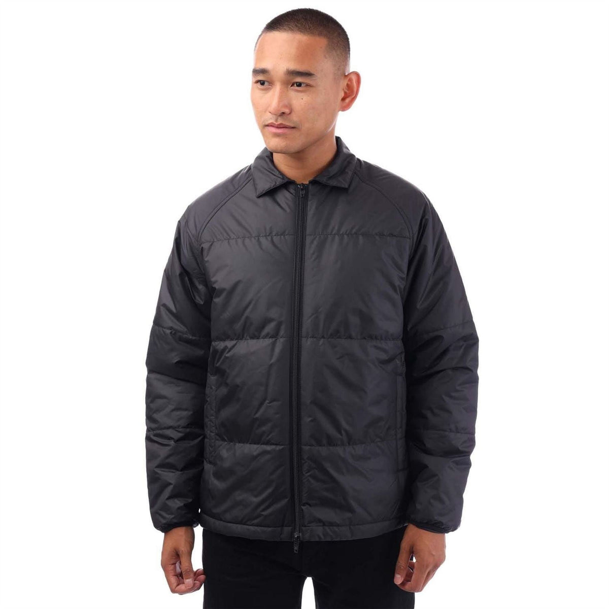 adidas Originals black coach jacket, full-zip with stand collar and padded quilted body