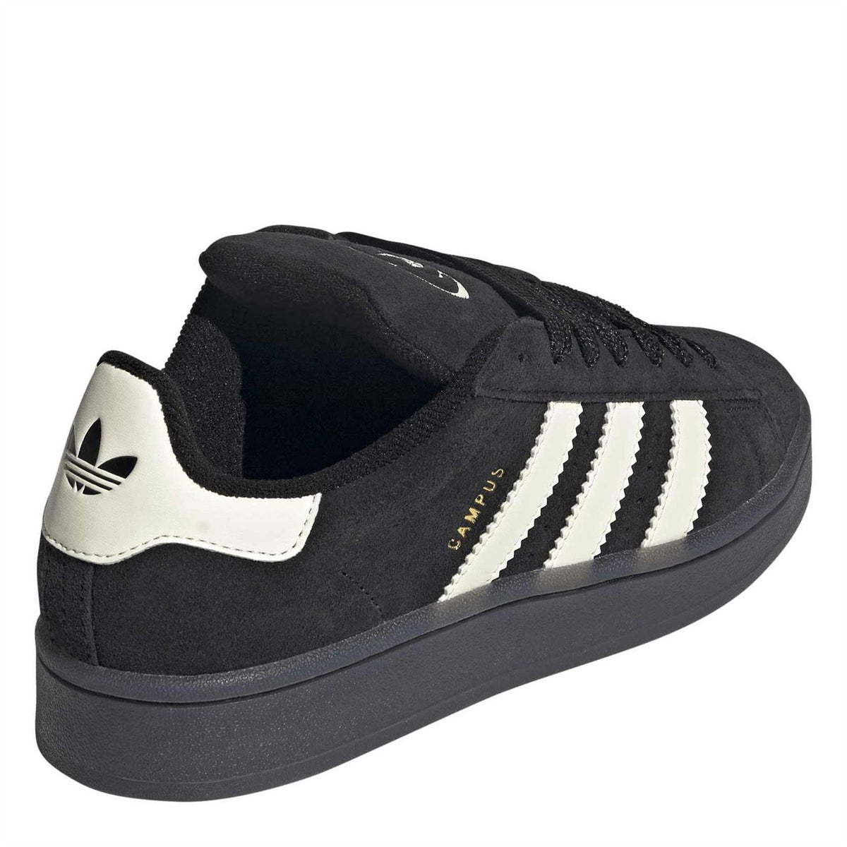 Black Adidas Originals suede sneaker heel view with cream stripe detail and trefoil