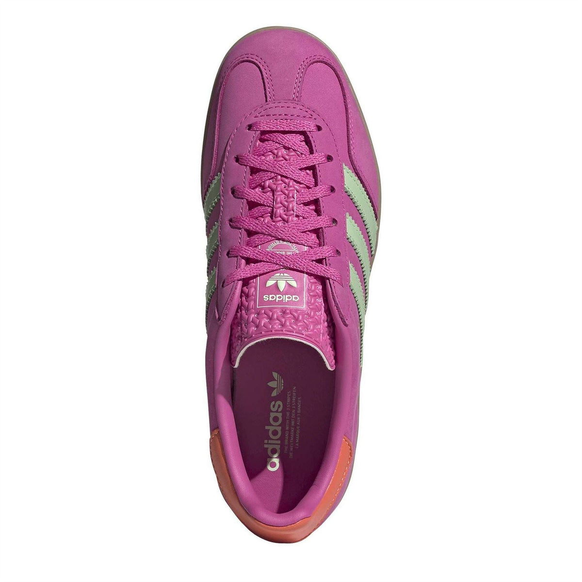 adidas Gazelle Indoor trainers, fuchsia laced upper with mint stripes and adidas tongue