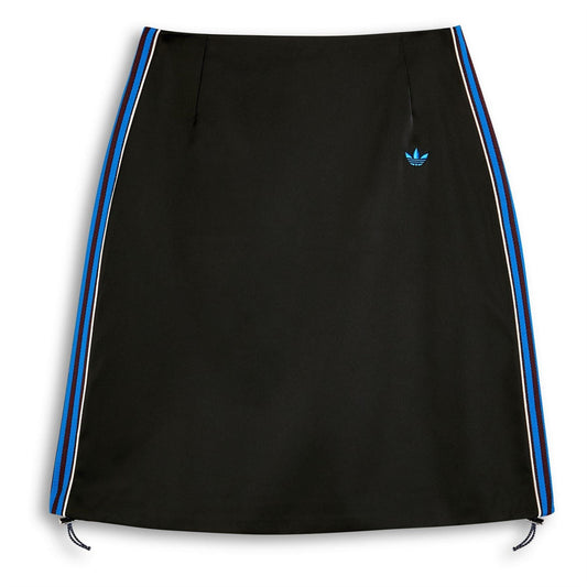 Black satin skirt with blue-and-white side stripes and small adidas Originals logo