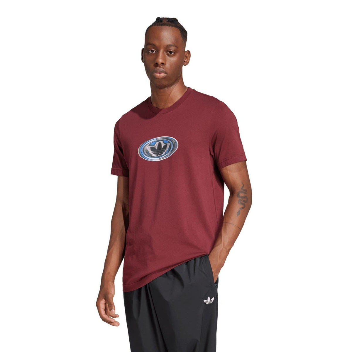 Maroon crew-neck T-shirt with blue-and-white logo print on chest