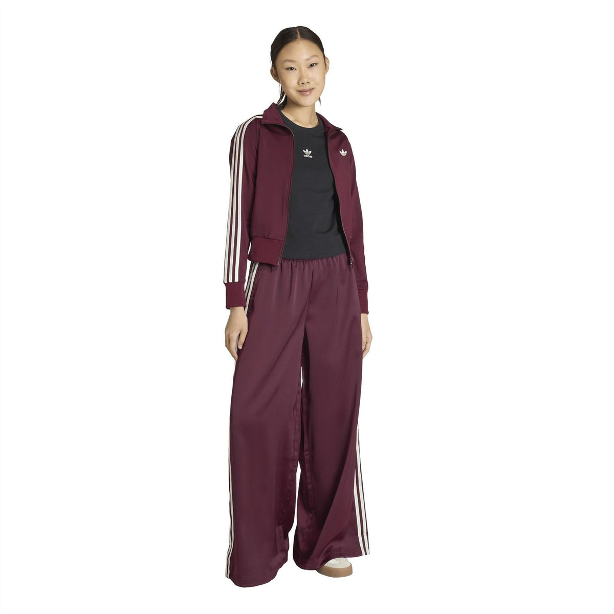 Maroon adidas track jacket top with front zip, stand collar, and white side stripes