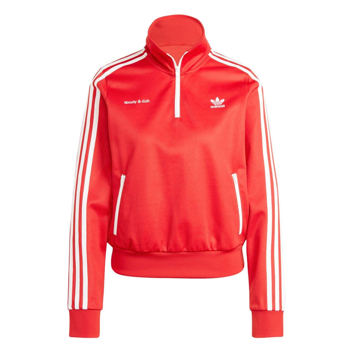 Red adidas track top with zip-up hood and white triple side stripes