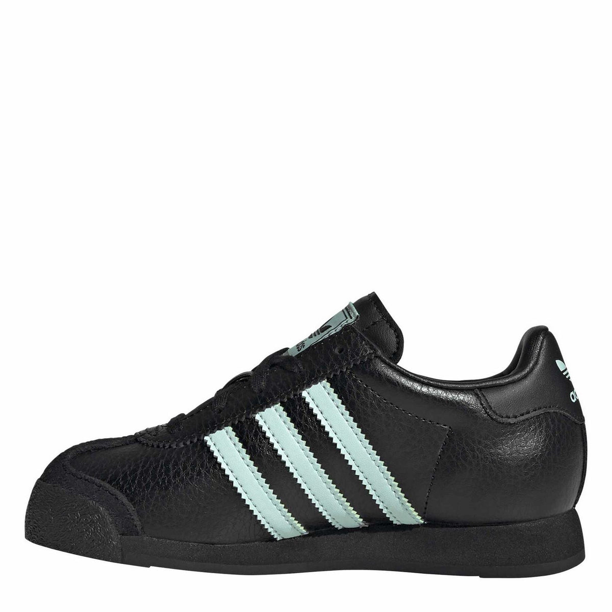 Black low-top sneakers with mint stripes and textured leather-look upper
