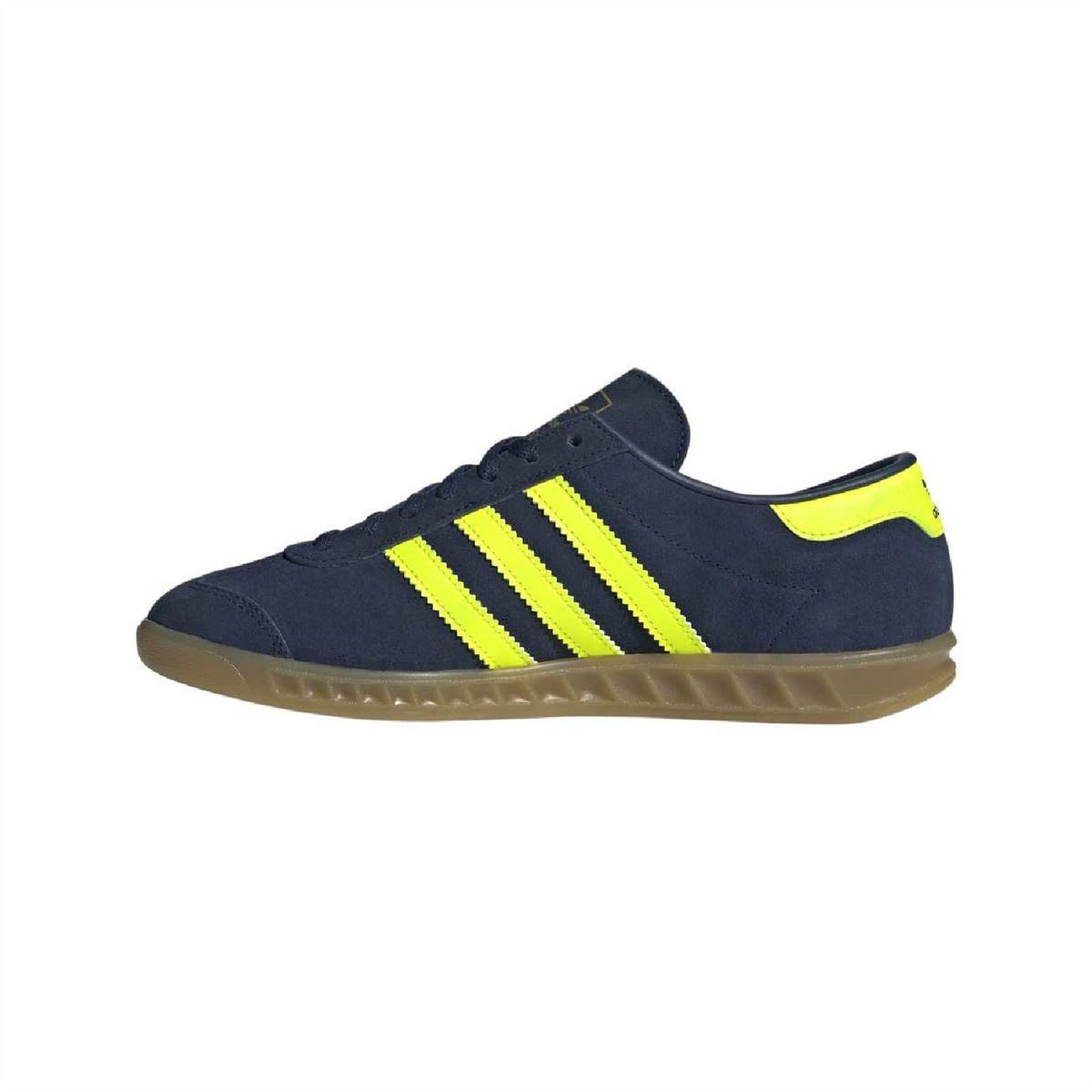 Dark navy adidas Hamburg sneakers with neon yellow three-stripe design and gum sole