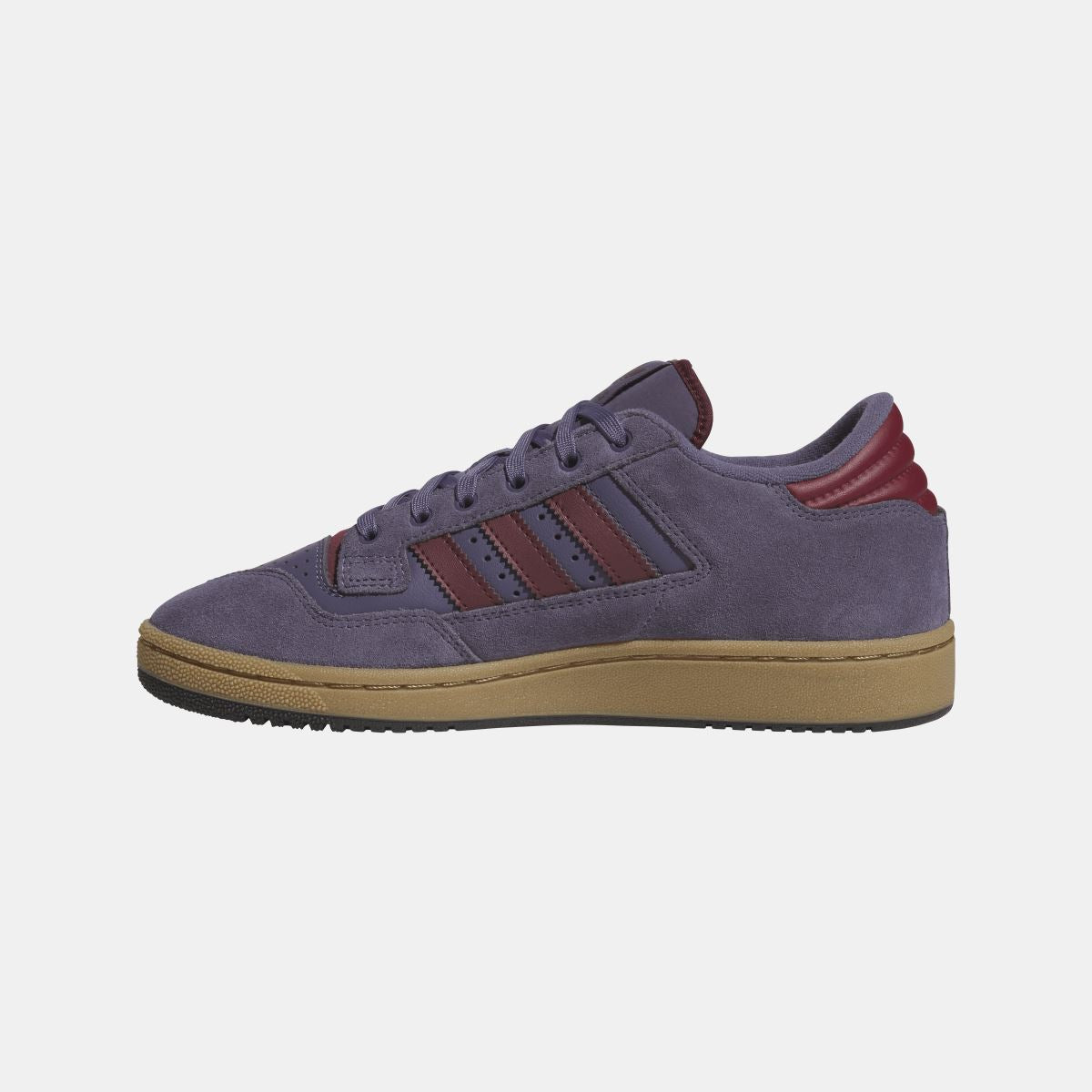 Violet suede adidas Originals low-top sneaker, lateral side with burgundy heel tab