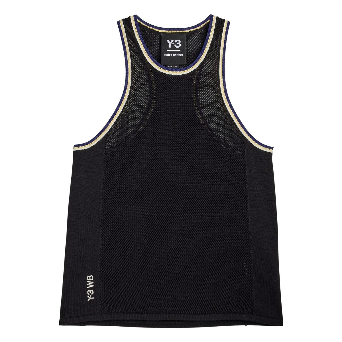 Black knit tank top with ribbed crew neckline, contrast trim, and Y-3 logo patch