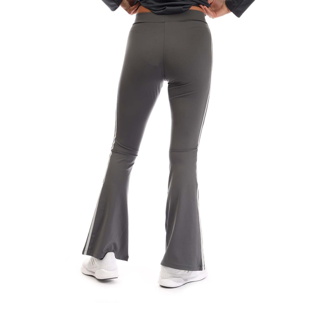 Grey flared leggings with high-rise waistband and wide bell bottom