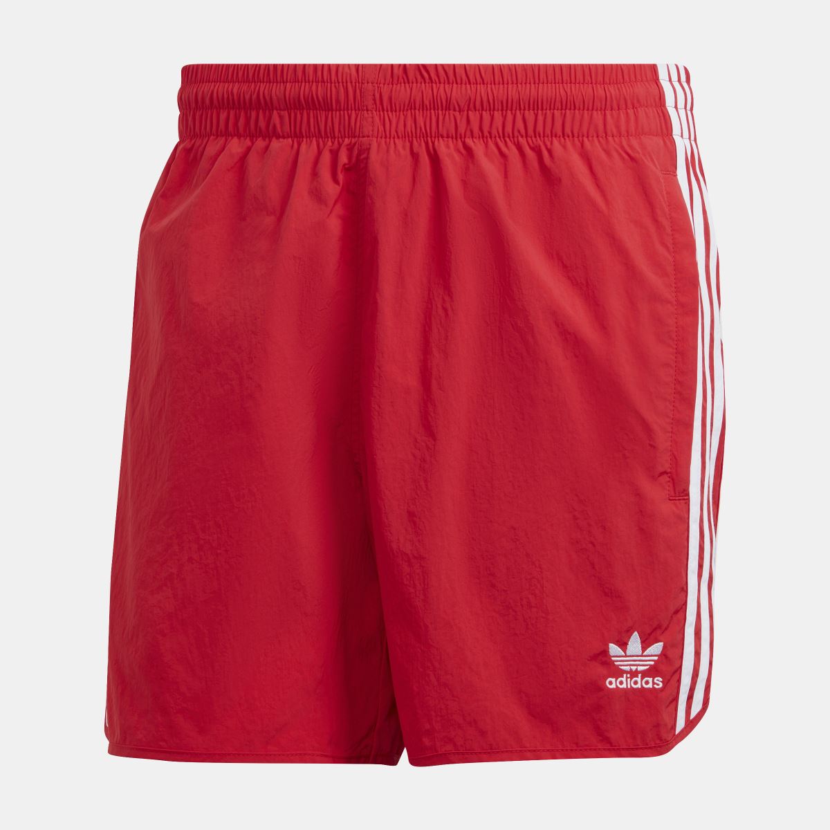 Red sprinter shorts with three white side stripes and adidas trefoil logo