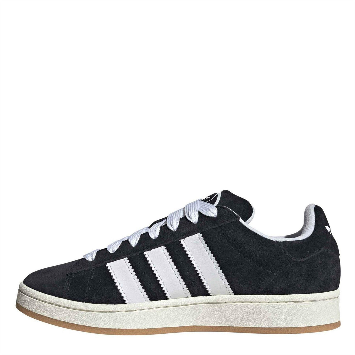 Black suede adidas Originals sneakers, side view with three white stripes and off-white sole
