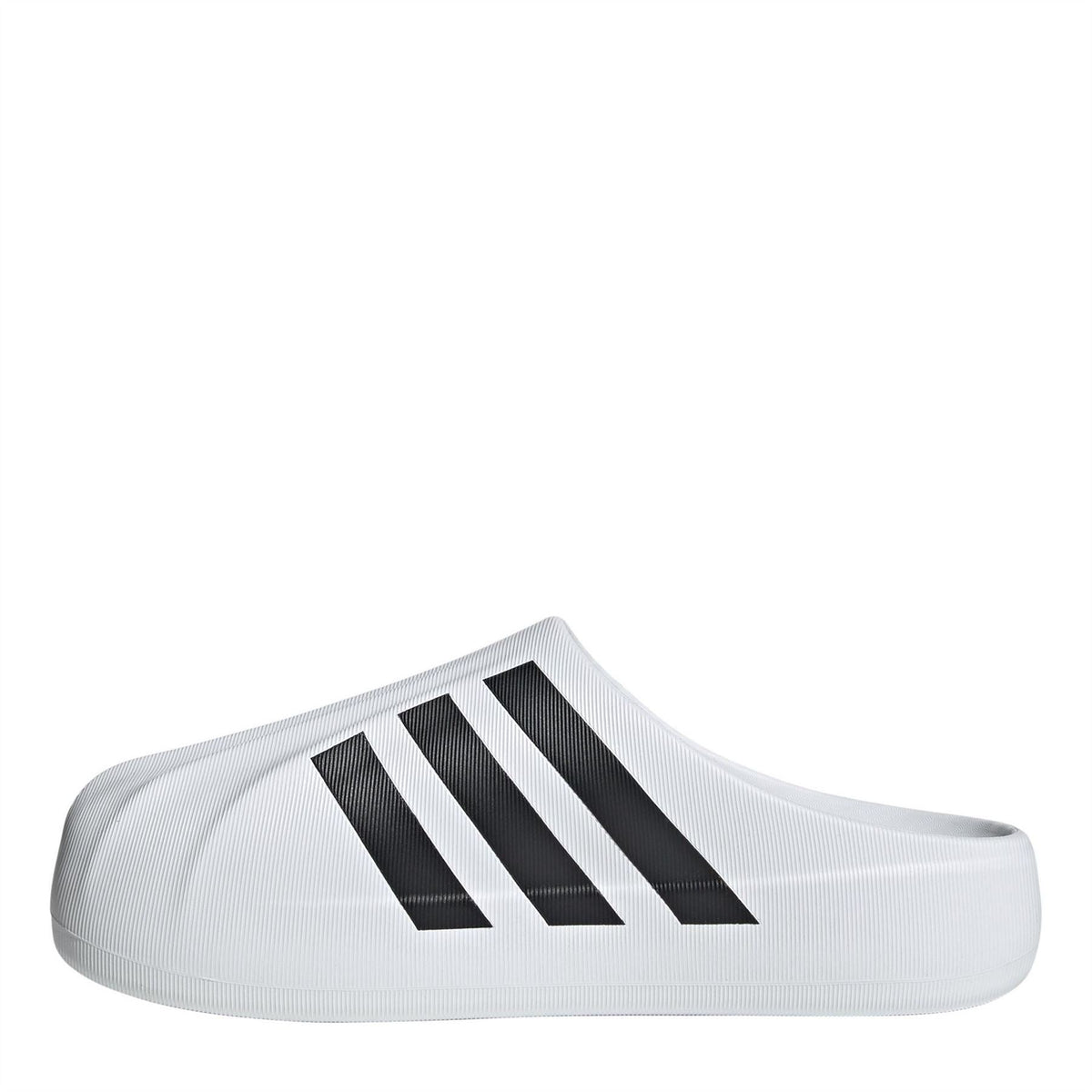 White mule slippers with wide three-stripe adidas logo across the upper