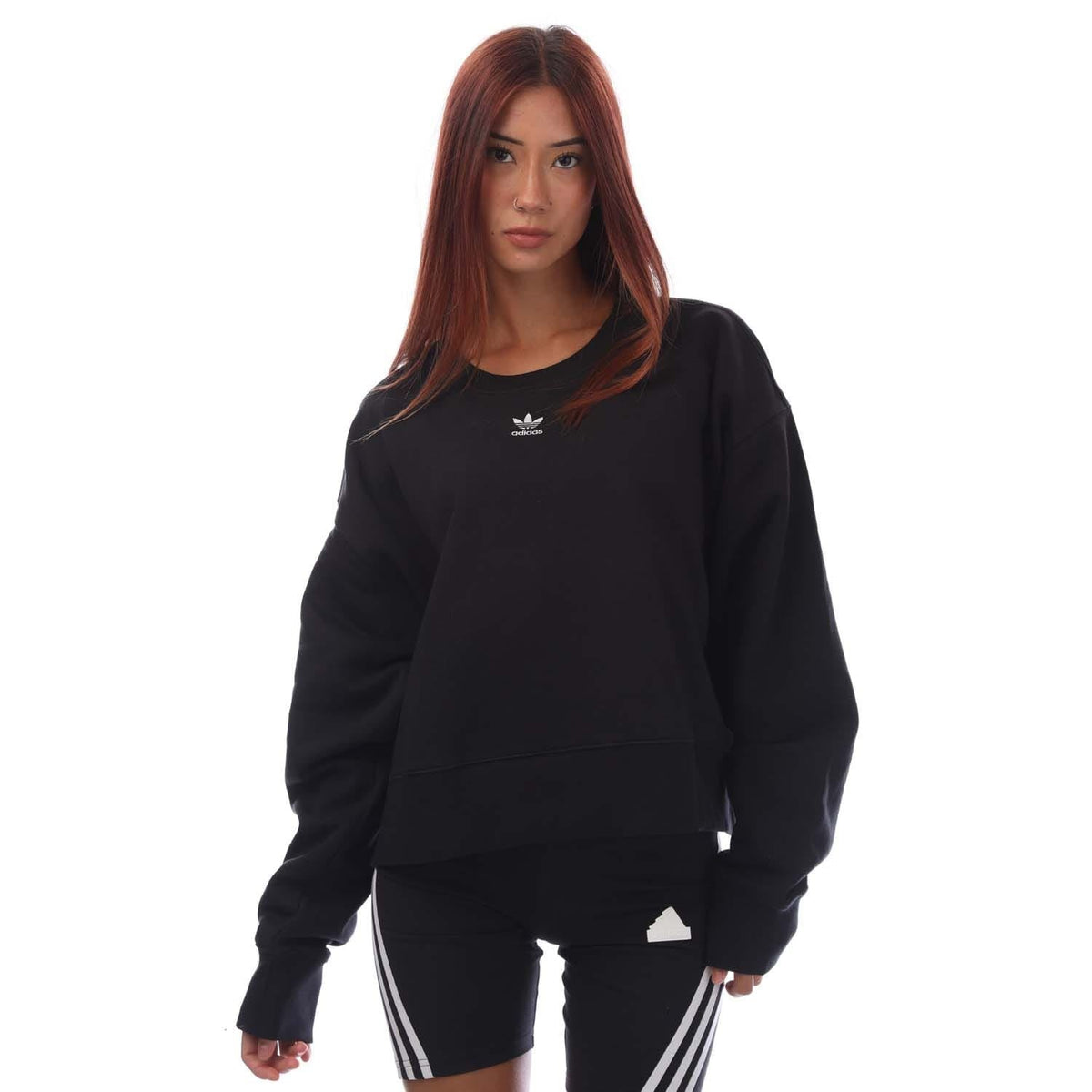 Black plus-size crew sweatshirt with ribbed cuffs, hem, and small adidas trefoil logo