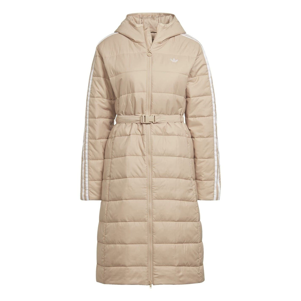 adidas Originals beige hooded slim-fit puffer jacket with full front zipper and belt