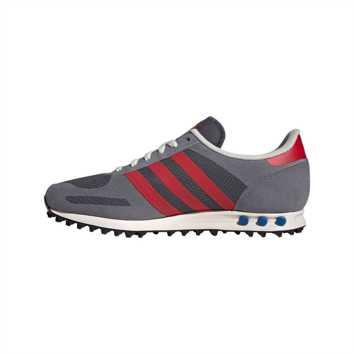 Grey adidas trainers with red striped side panel, white laces, and blue traction pods