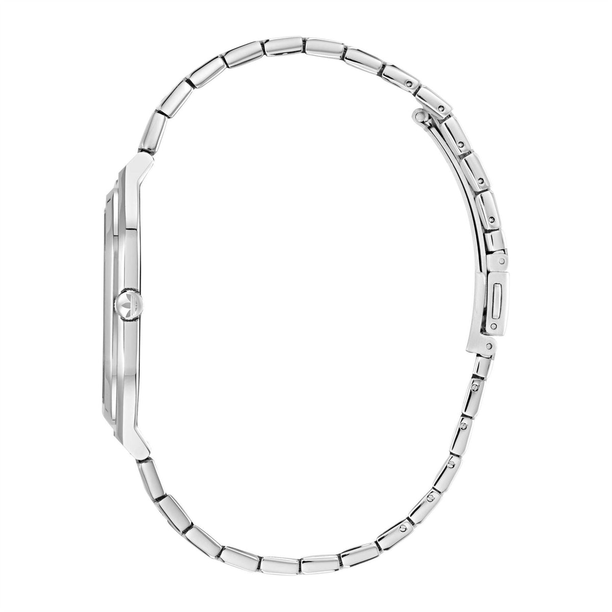 Silver metal link watch band bracelet, side view