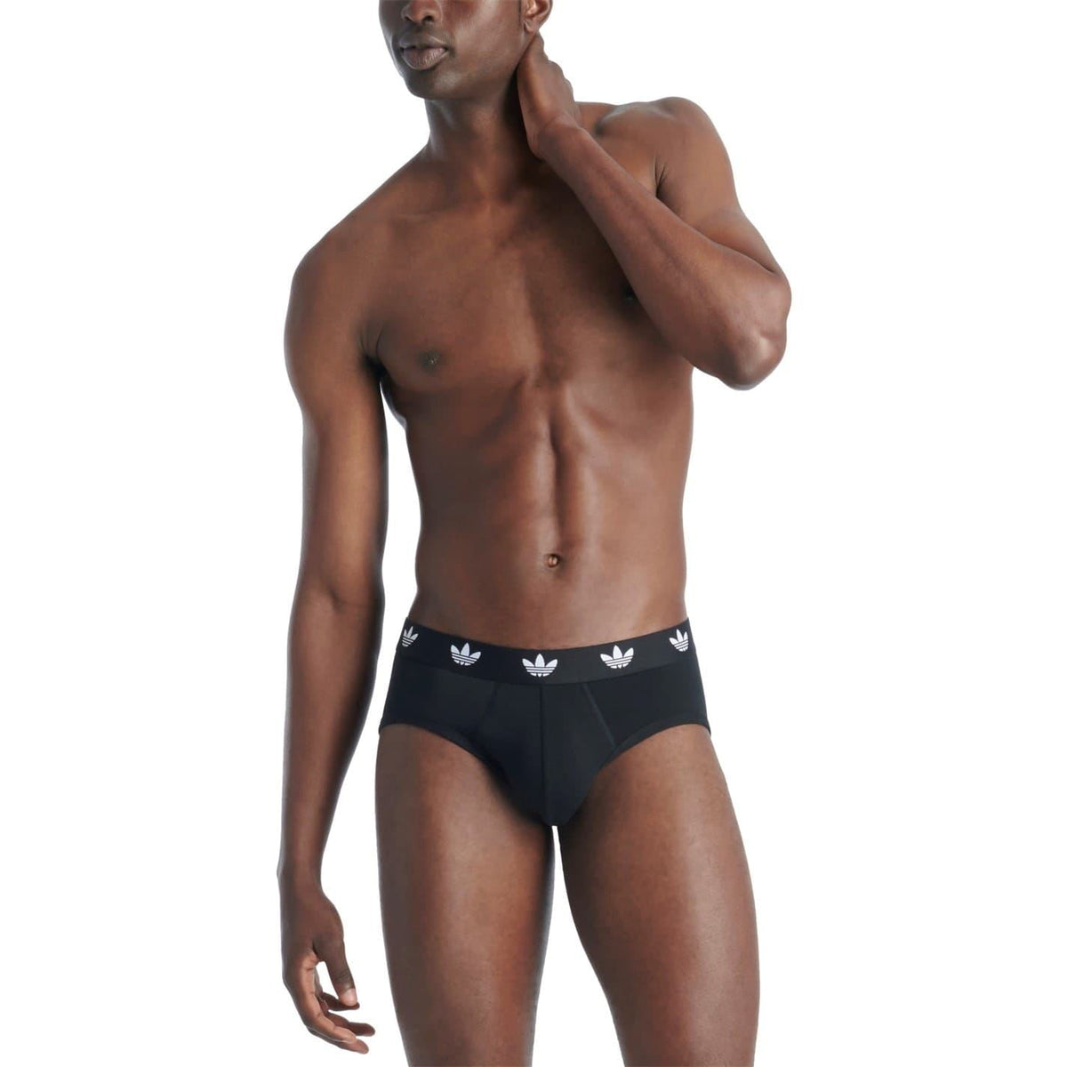 adidas Originals black cotton briefs on model, logo waistband