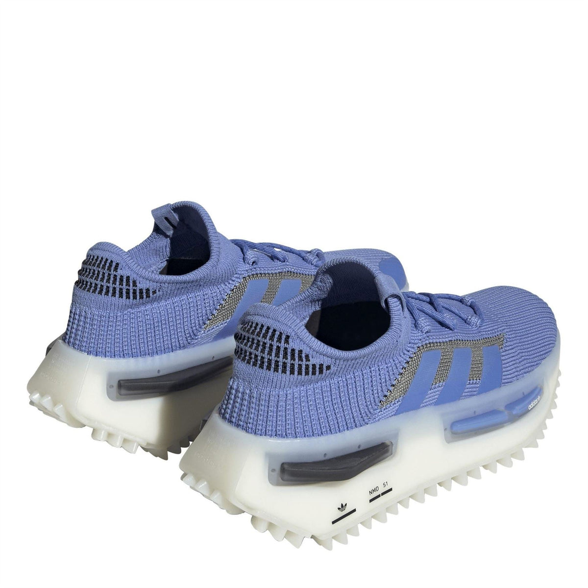 adidas Originals NMD_S1 women's sneakers, pair angled; blue upper with chunky white sole