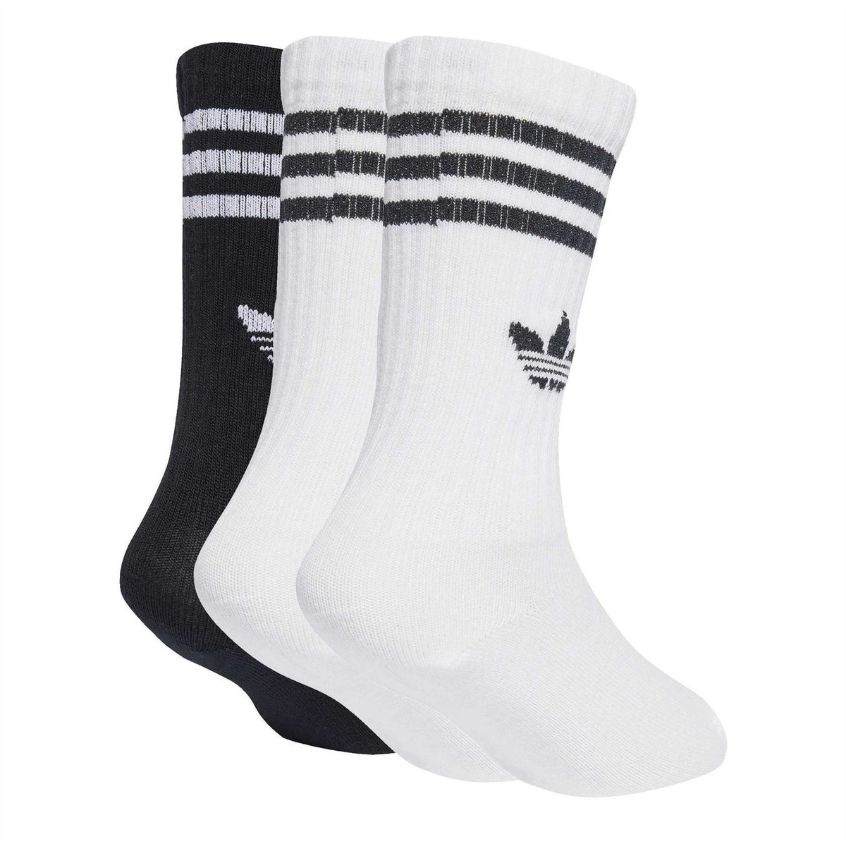 3-pack adidas crew socks in black and white, striped cuff and trefoil logo