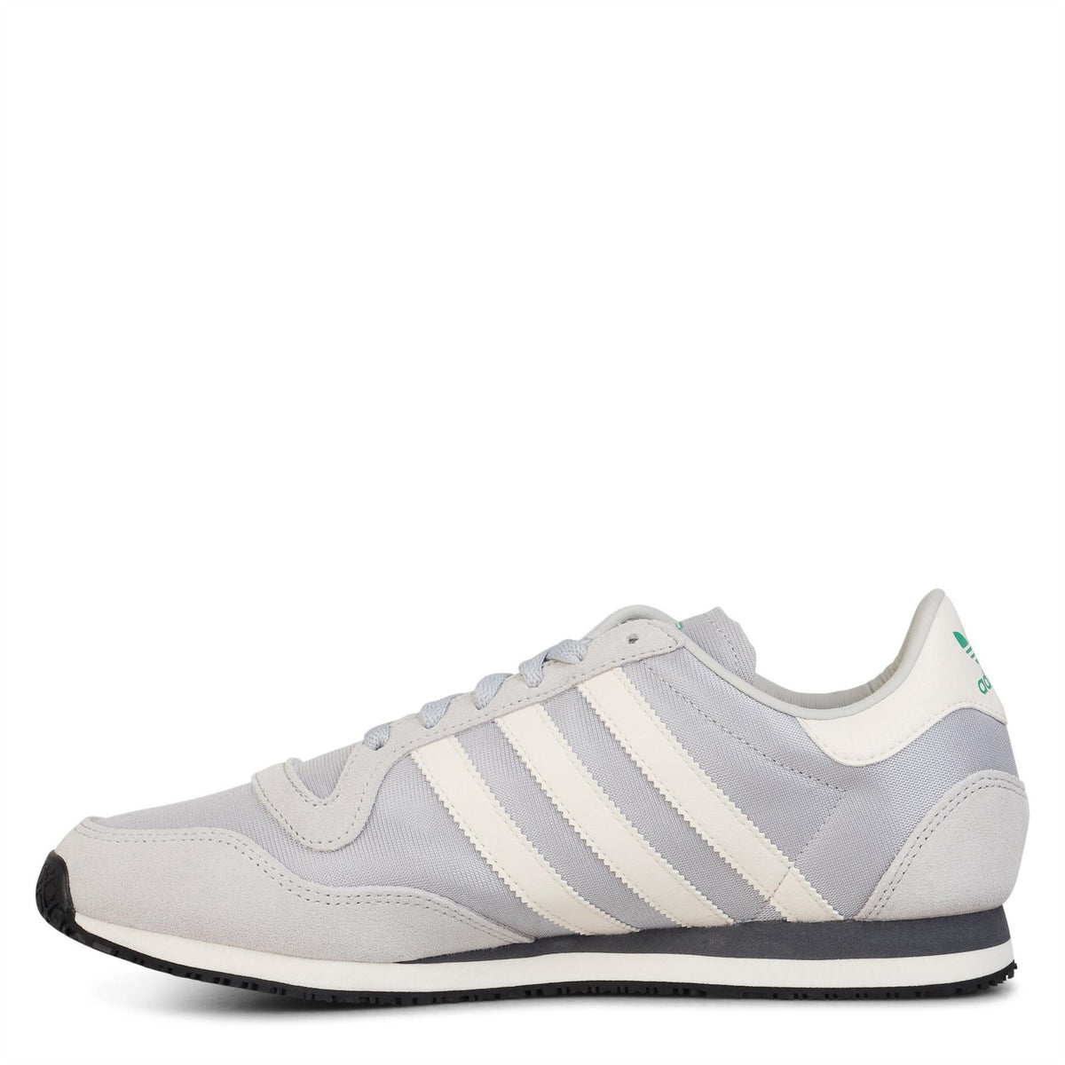 Light grey adidas trainers with suede panels, three white stripes, and a black outsole