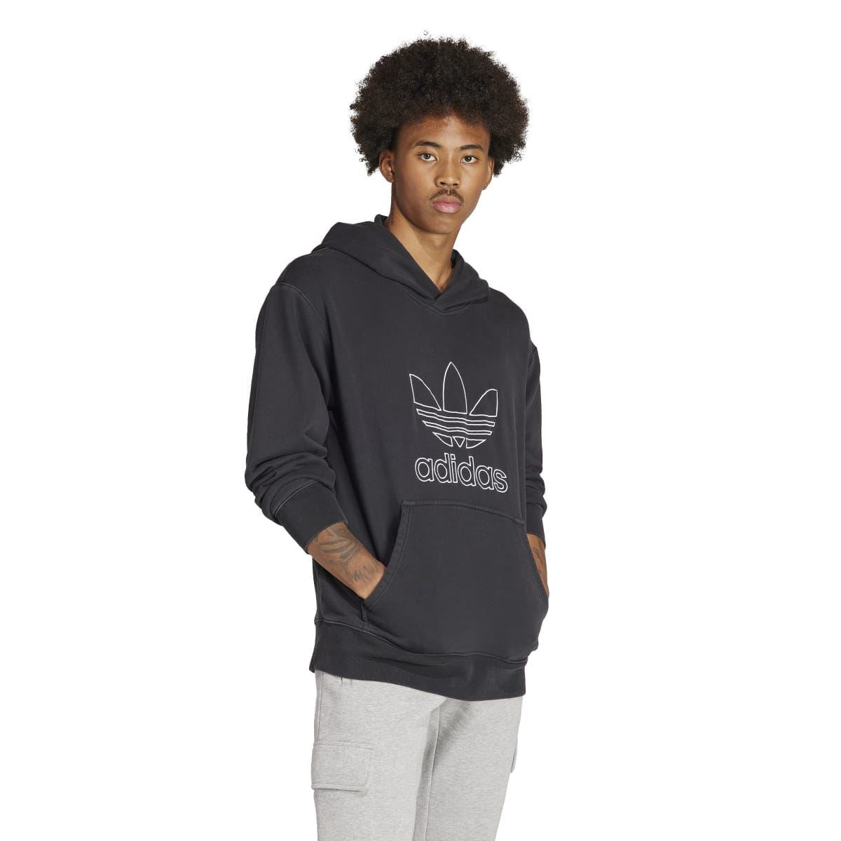Black pullover hoodie with outline trefoil adidas logo and kangaroo pocket