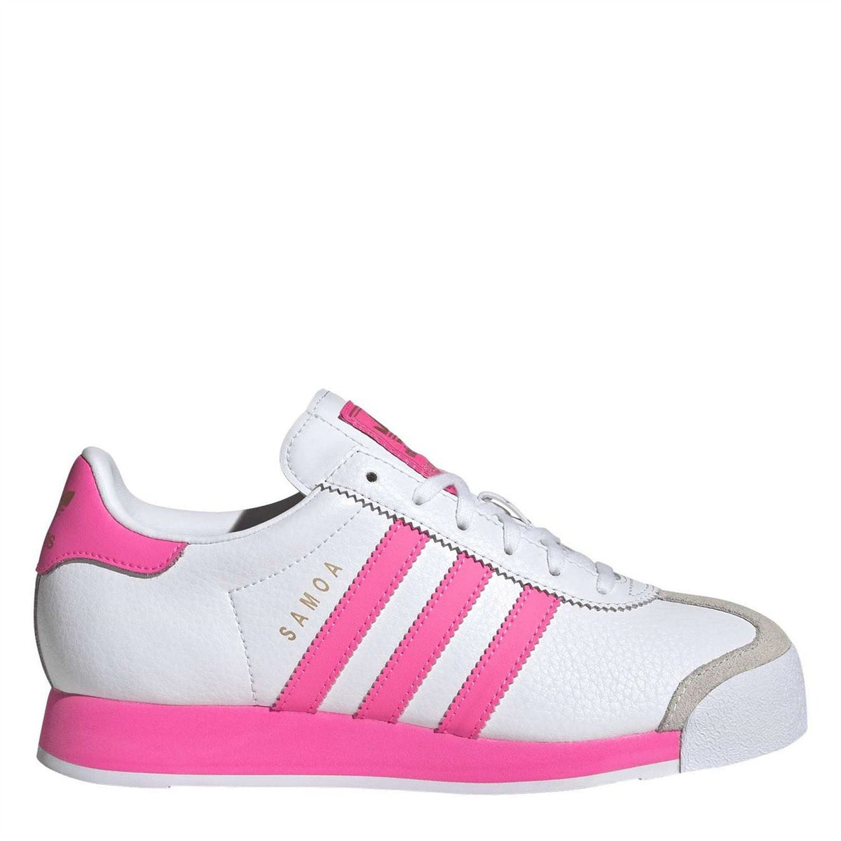 White and pink low-top walking shoes for juniors, lace-up front, cushioned collar.