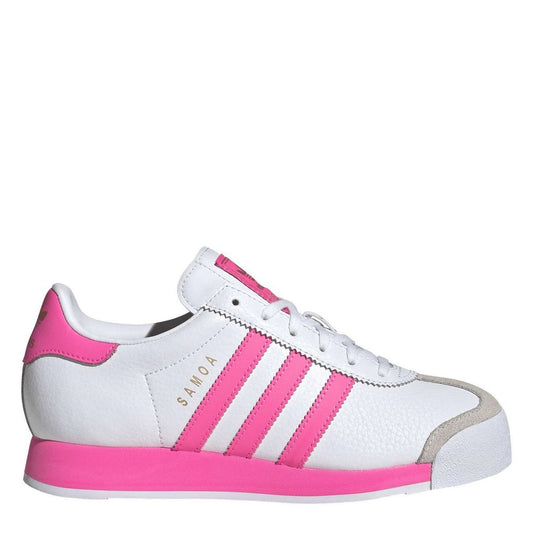 White and pink low-top walking shoes for juniors, lace-up front, cushioned collar.