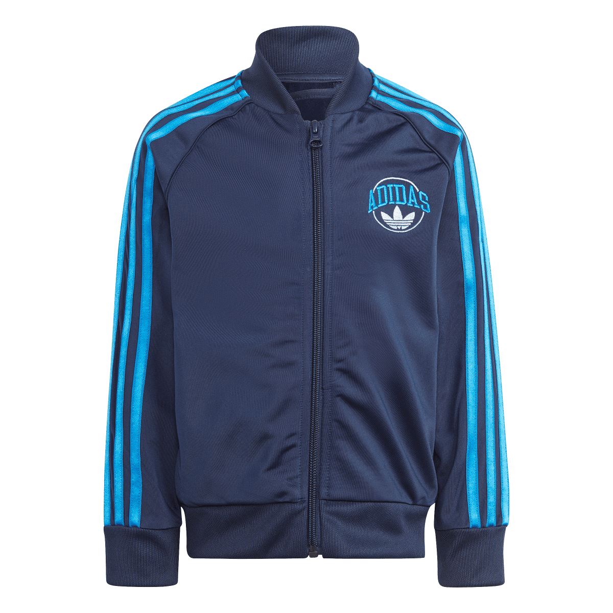 Infant adidas tracksuit jacket in indigo with zip front, logo patch, and blue side stripes