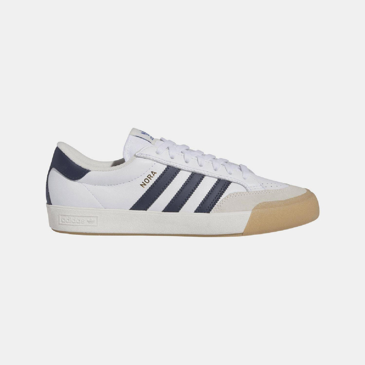 adidas Originals Nora trainers, white low-top with navy stripes and gum rubber sole