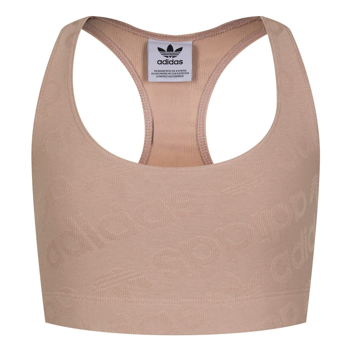 Women's racer back crop top in toasted sugar beige, adidas logo label at front neck.
