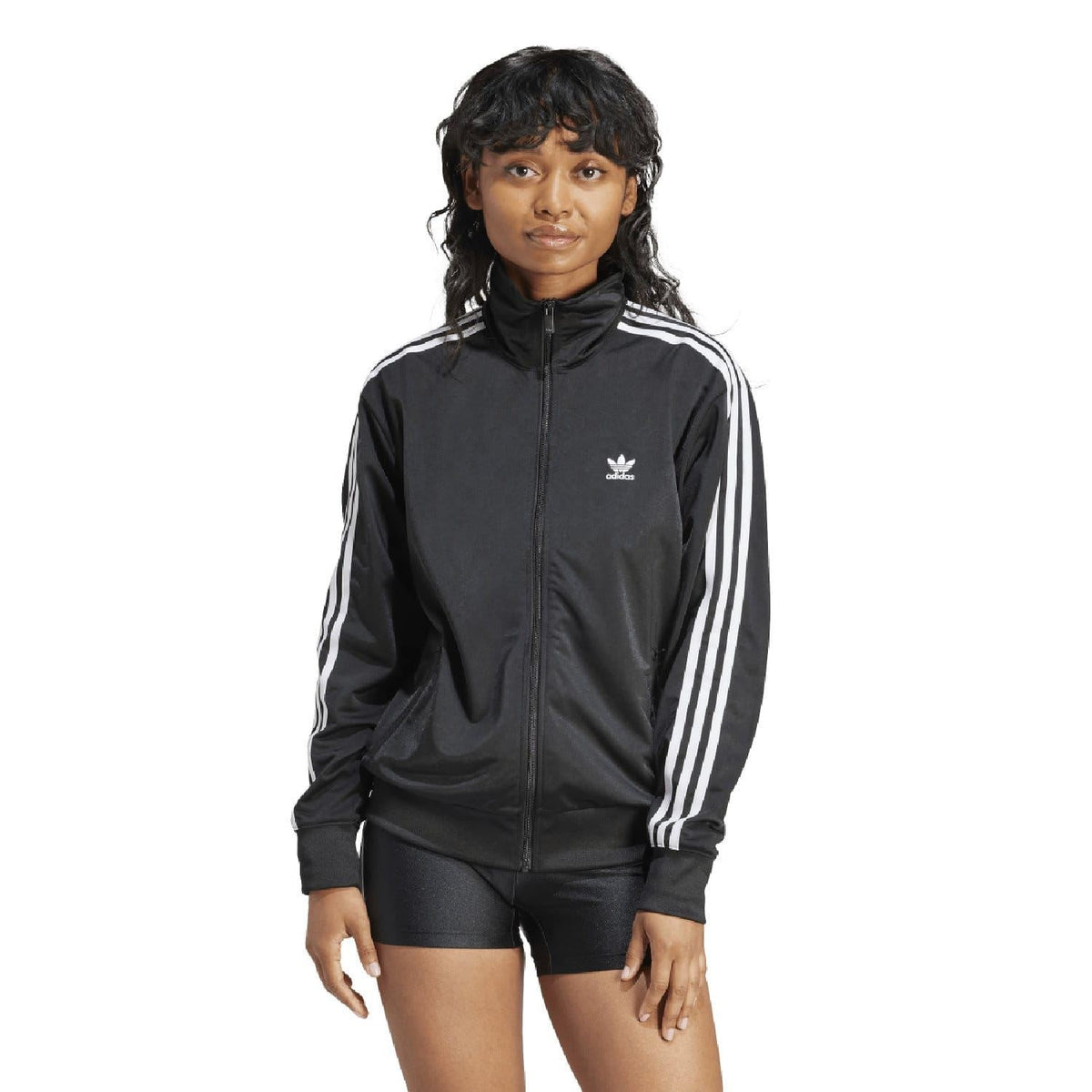 Black adidas track jacket with stand collar, full zip, and white triple stripe side