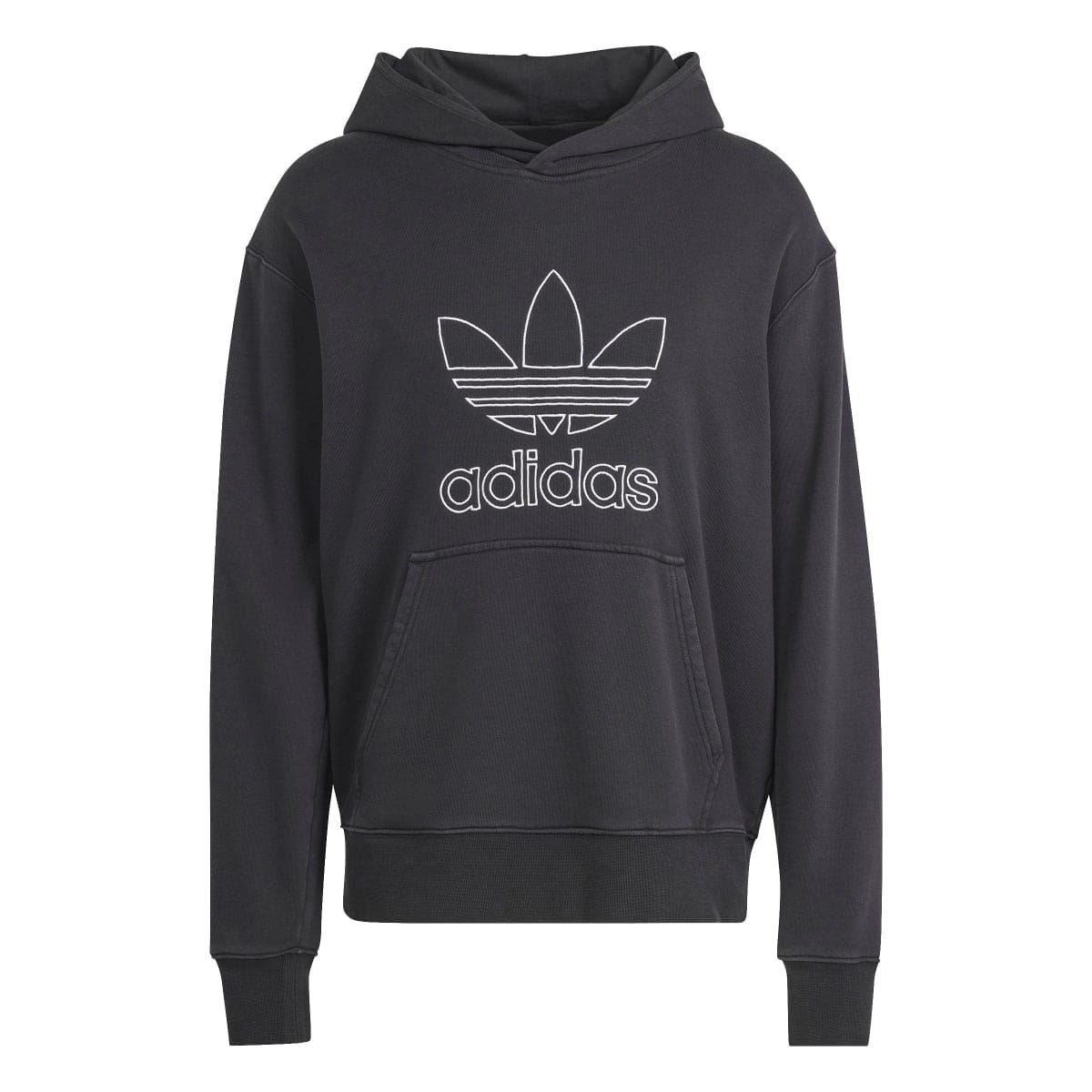 Black pullover hoodie with kangaroo pocket and outline trefoil adidas logo