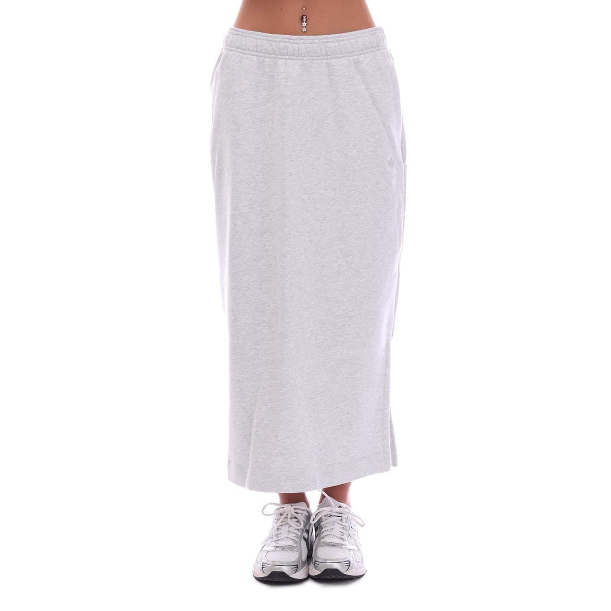 Light grey midi skirt with elastic waistband and straight hem