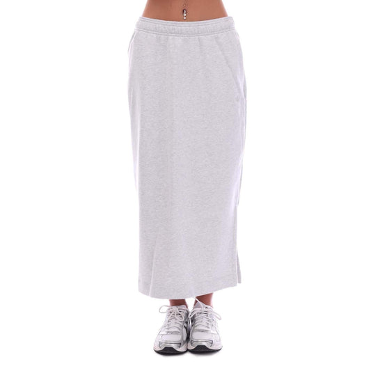 Light grey midi skirt with elastic waistband and straight hem