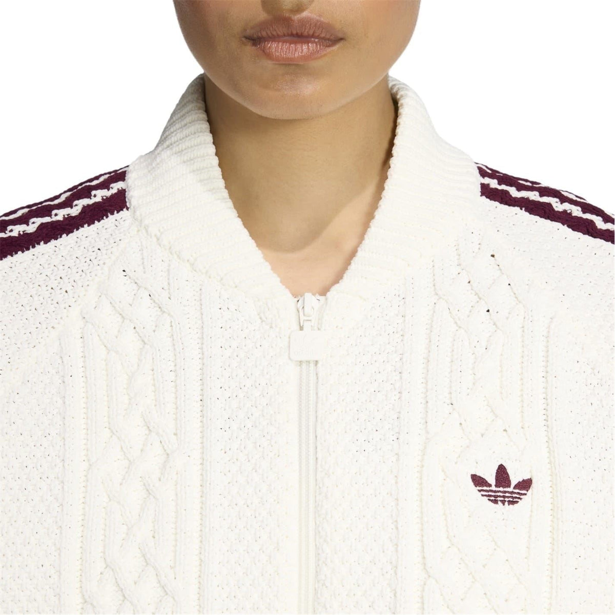 adidas Originals white full-zip cable-knit swacket with trefoil logo and maroon stripes