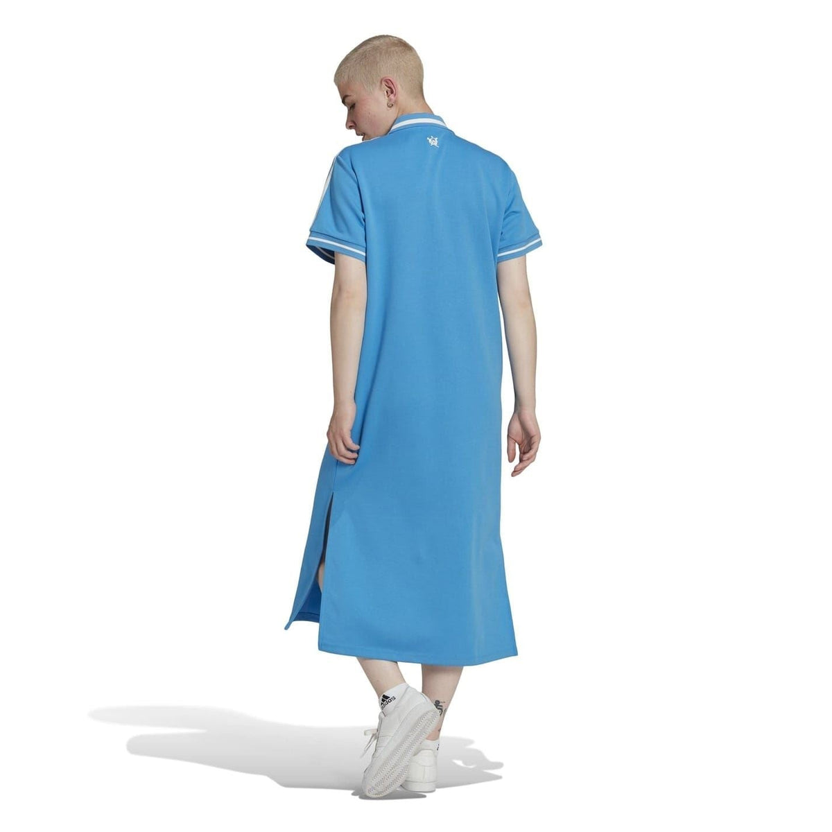 adidas Originals maternity polo midi dress, blue, rear view with back yoke and slit