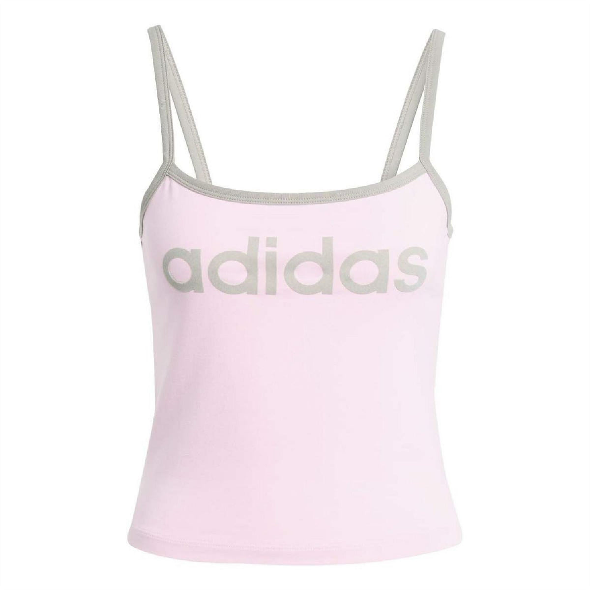 Pink Adidas Originals tank top with bold logo, thin spaghetti straps, scoop neck