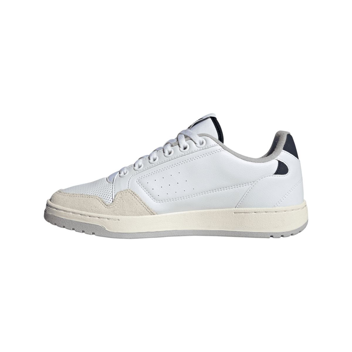 White adidas NY 90 trainers with perforated toe and beige suede mudguard.