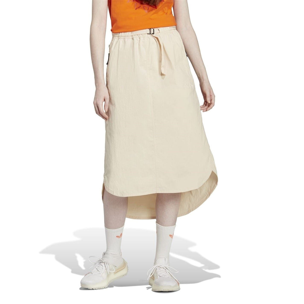adidas Originals light beige midi shorts with elastic waist and tie belt