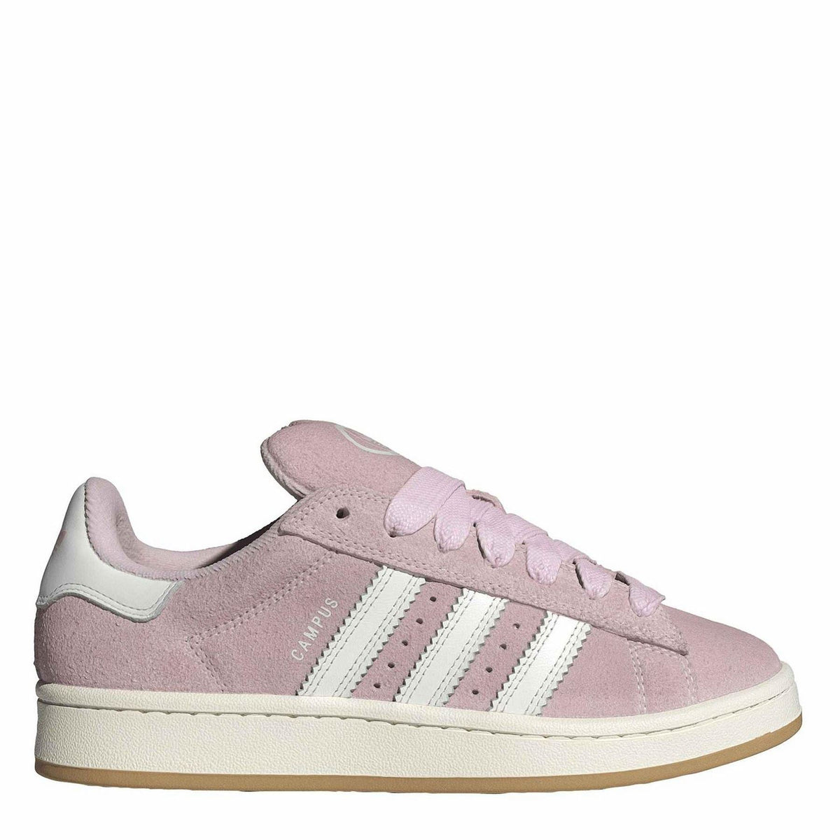 Pink suede lace-up trainers with white adidas stripes and beige rubber sole