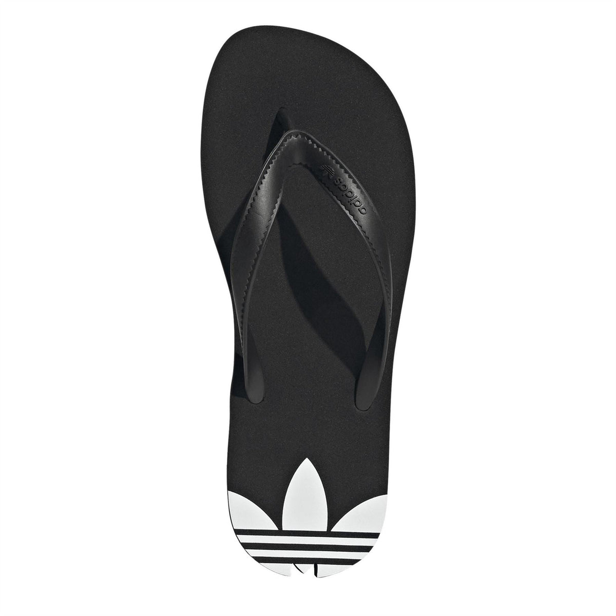Black flip-flop insole with stitched thong strap and adidas logo on inner footbed
