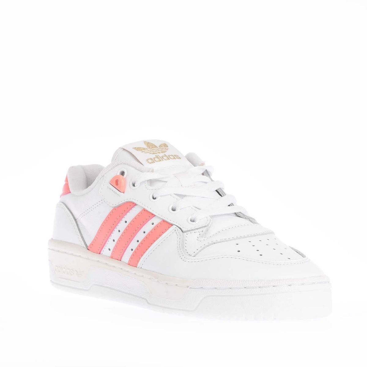 White adidas Rivalry Low low-top sneaker with lace-up and coral-pink panel