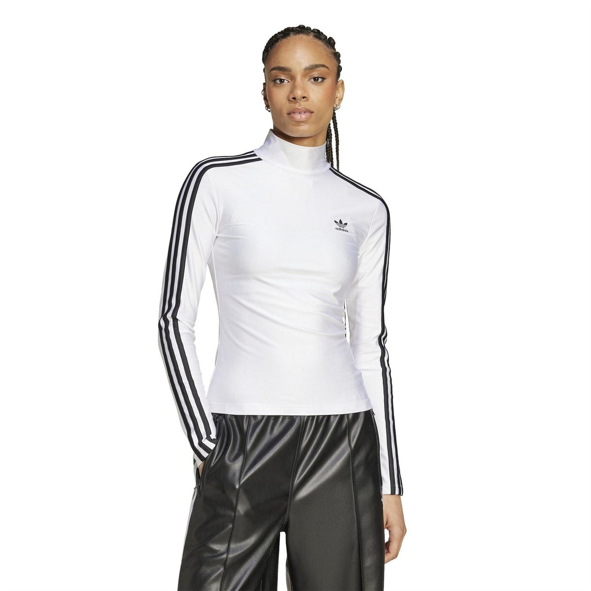 White mock neck long-sleeve T-shirt with black sleeve stripes and adidas logo