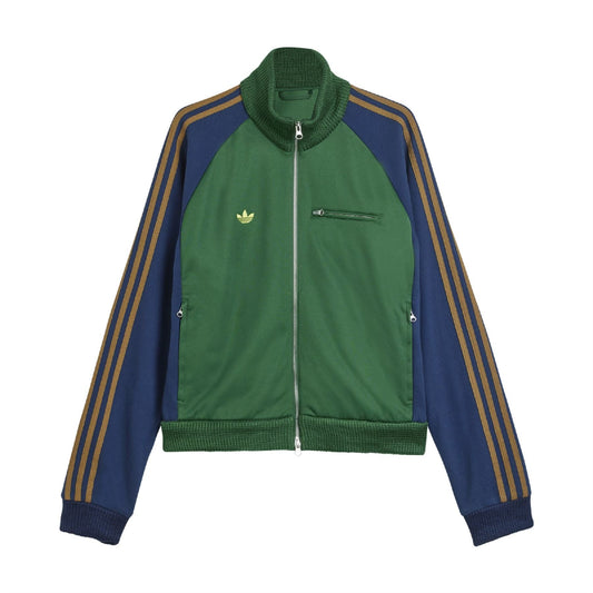 Green and navy track top jacket with full zipper, mock neck, and gold stripe sleeves