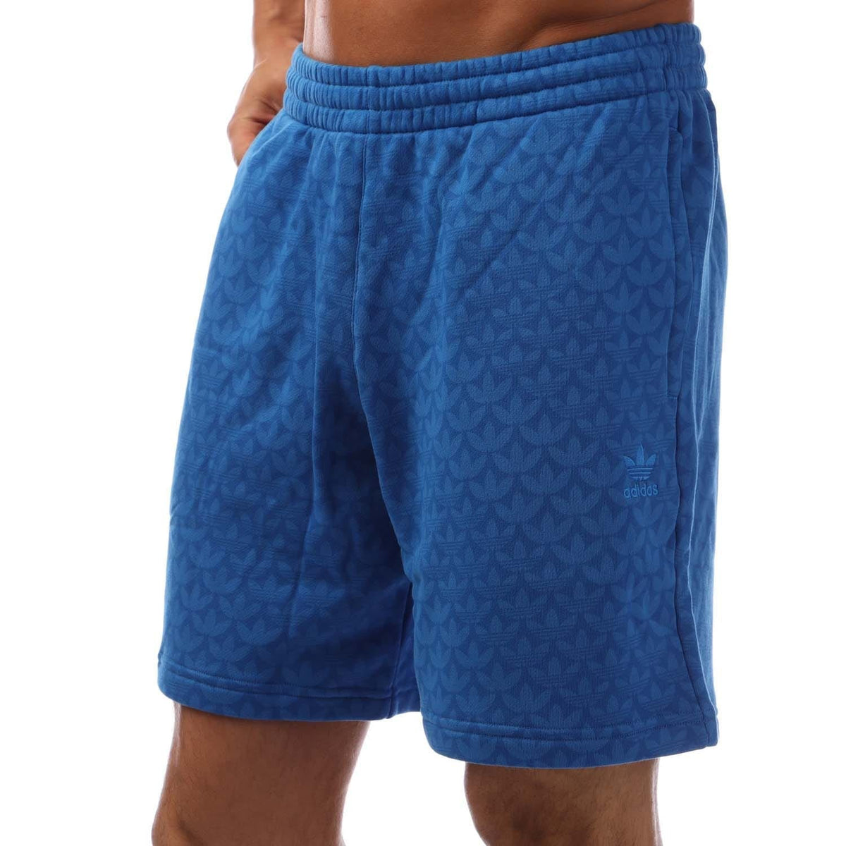 Blue adidas Originals monogram graphic shorts with elastic waistband