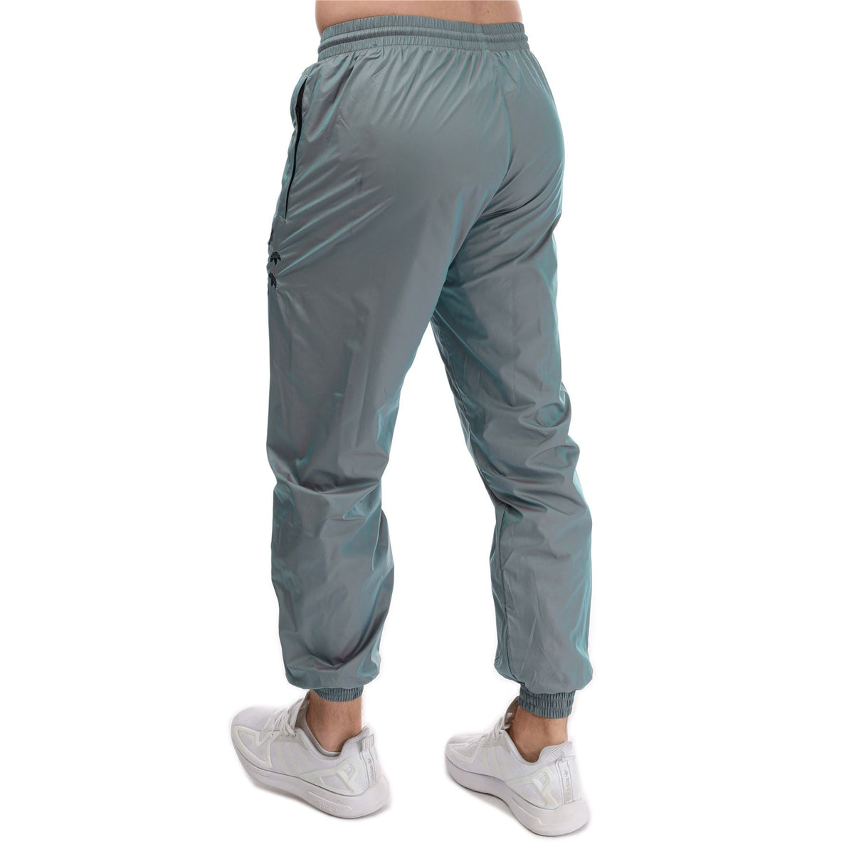 Light blue track pants, back view, elastic waistband and cuffed ankle openings