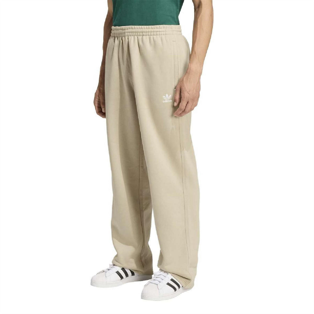 Stone khaki open-hem joggers with elastic waistband and Trefoil logo on thigh