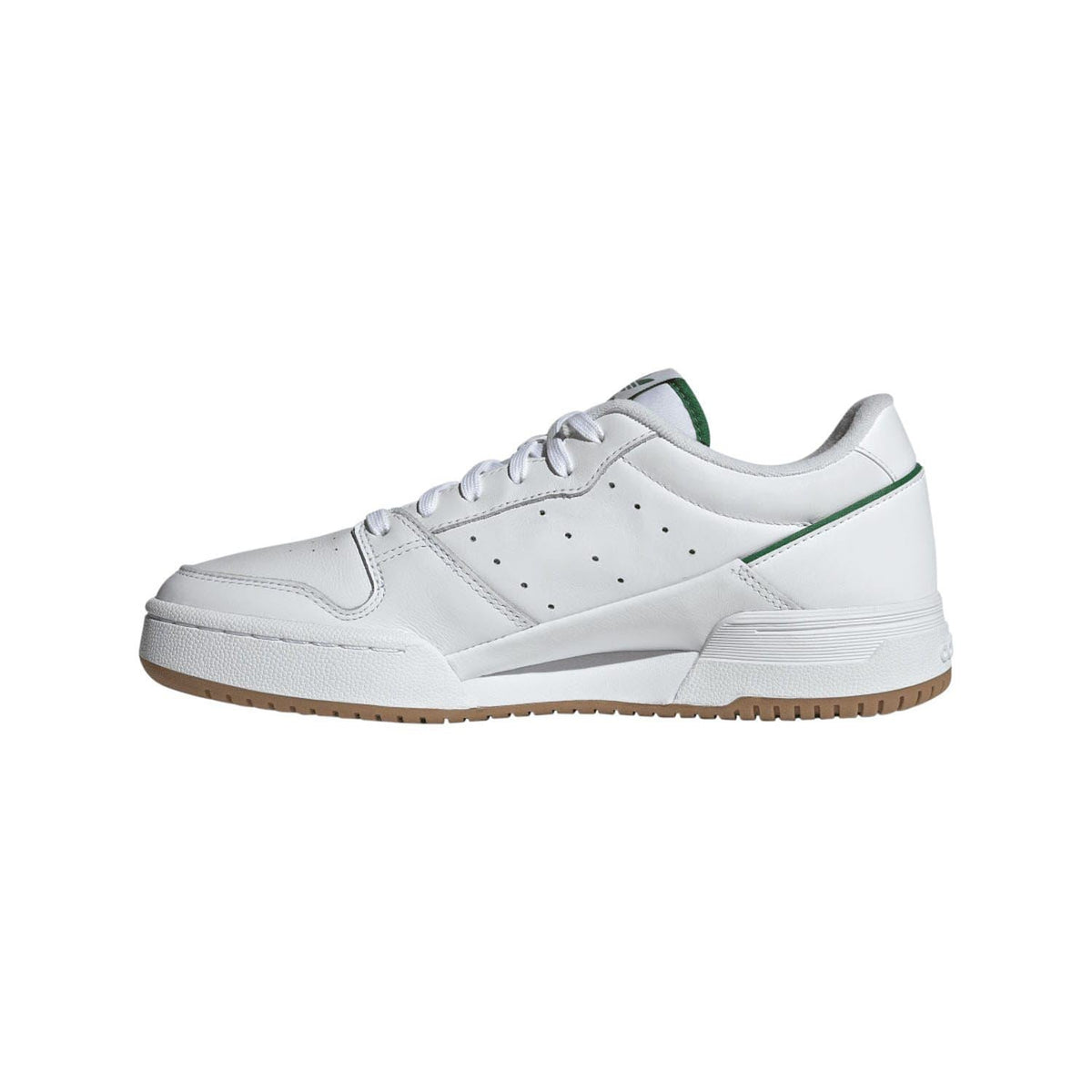 White low-top trainers with green stripe detail, white laces, and gum sole.