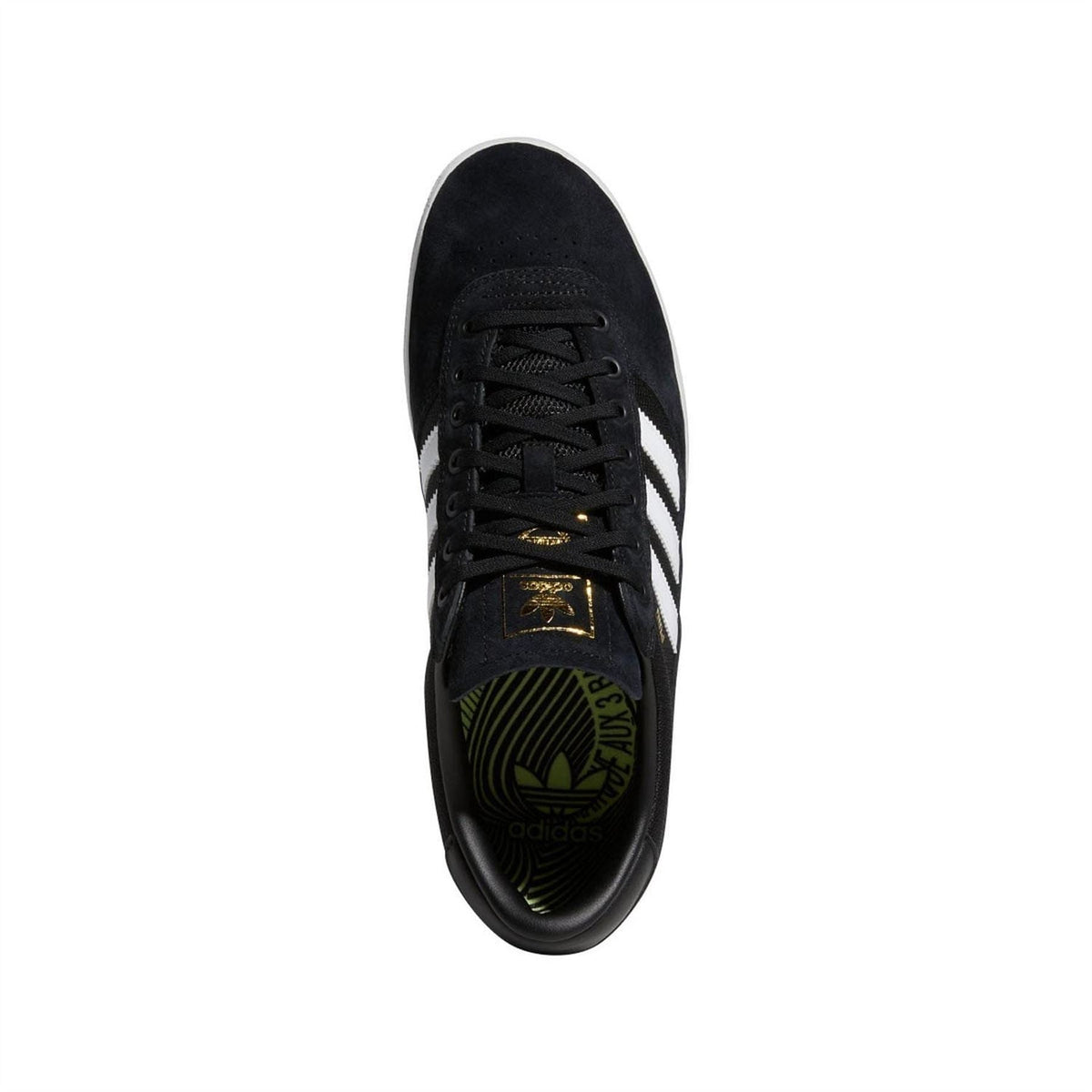 Black adidas Originals indoor trainer sneaker, top view with lace-up eyelets and logo