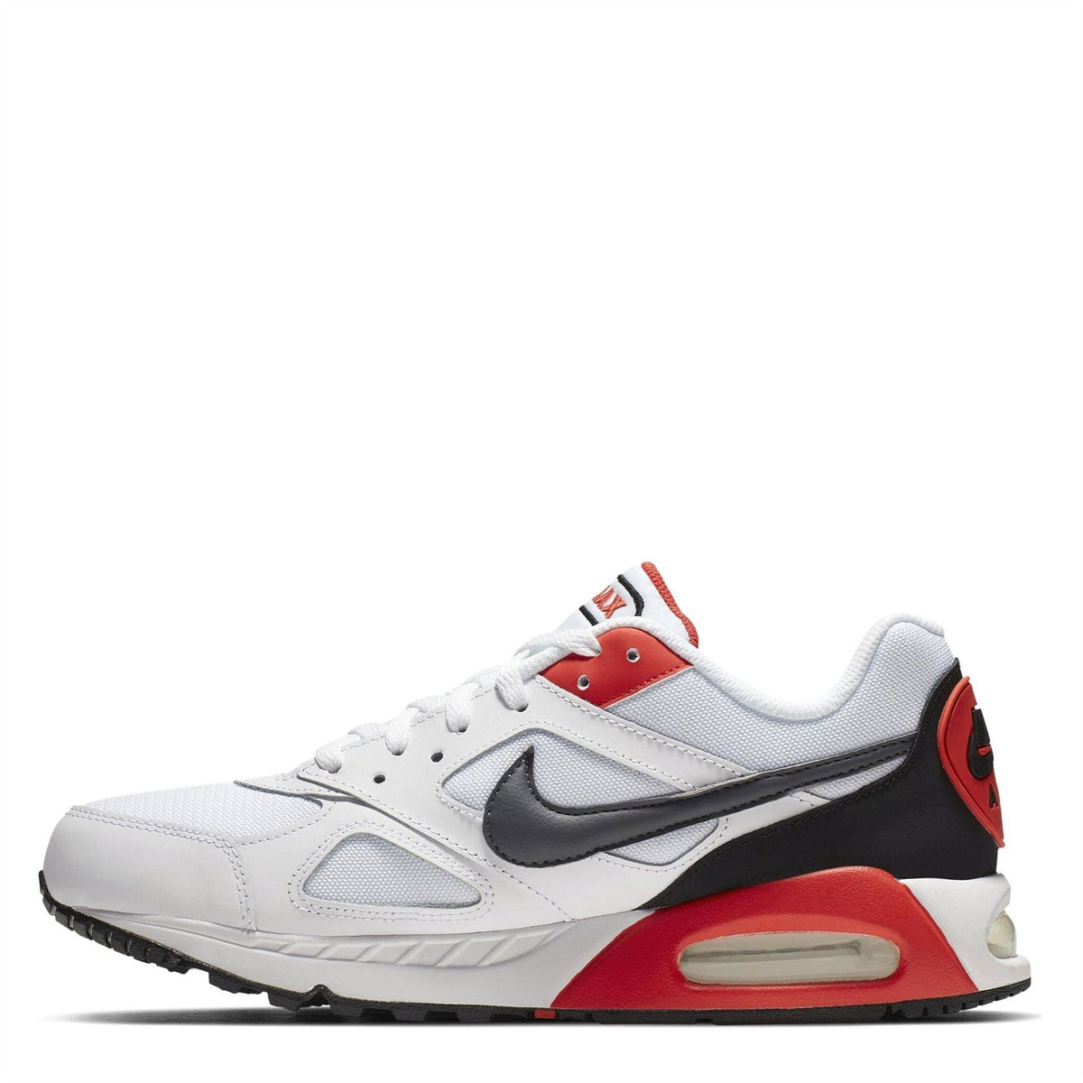 Air Max Ivo trainers side profile in white with red heel, black swoosh, and air window.